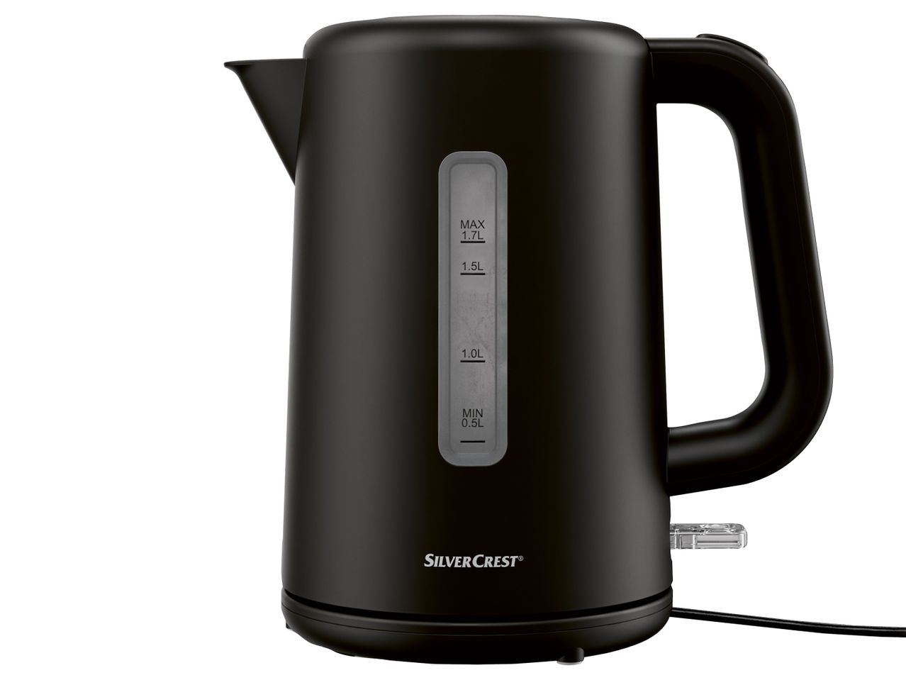Черна електрическа кана Silvercrest® Kitchen Tools с индикатор за нивото на водата.