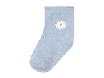 Light blue sock with a white daisy and orange center.