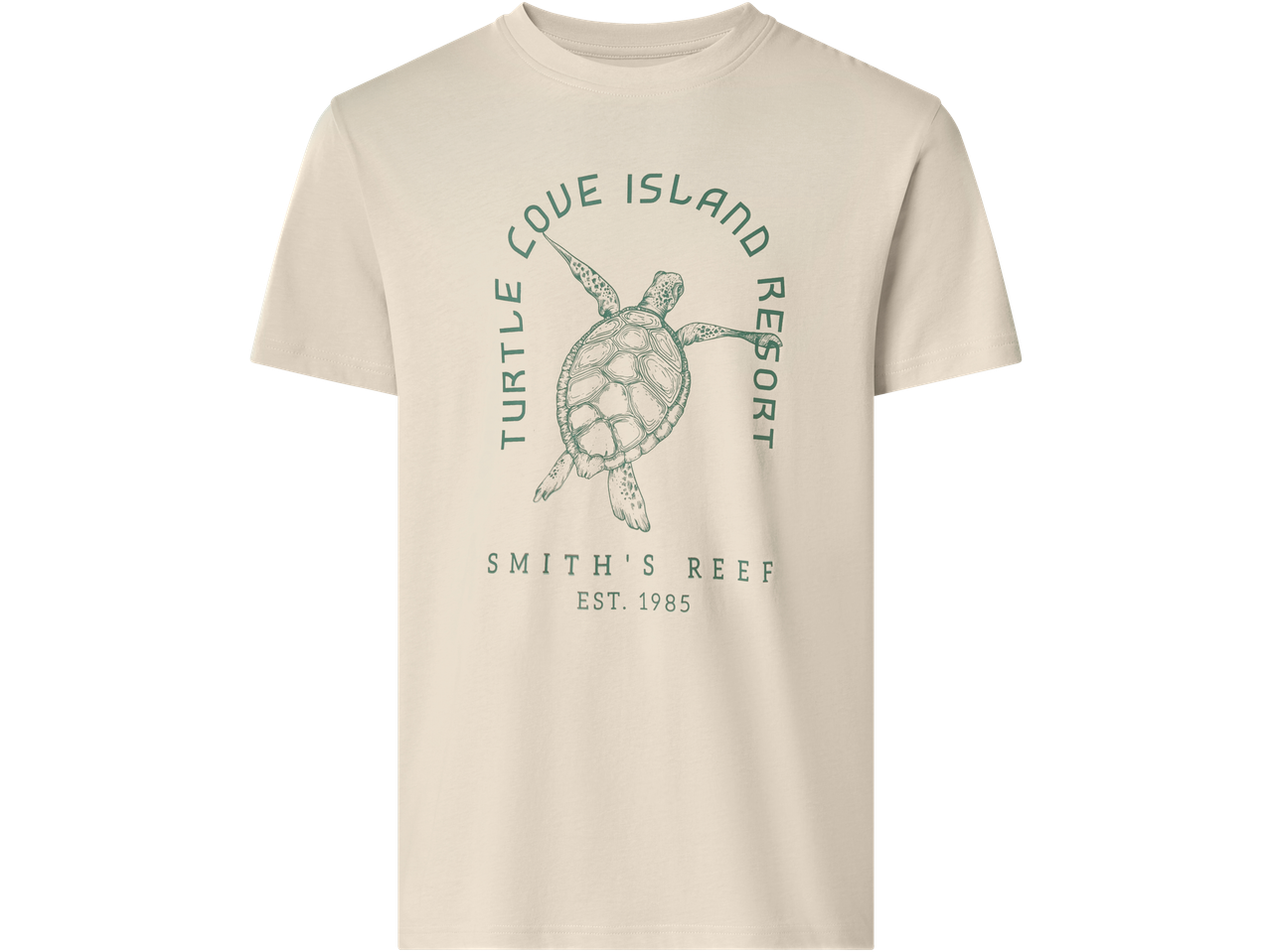 Kreminės spalvos vyriški marškinėliai su jūros vėžlio atspaudu ir užrašu „Turtle Cove Island Resort“.