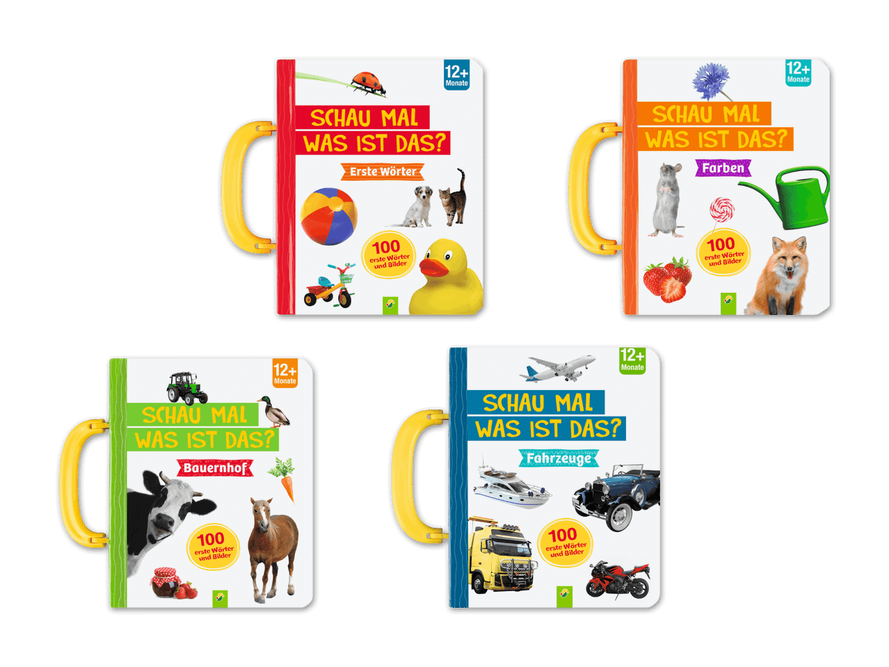 Vier Kinderbücher mit dem Titel 'Schau mal, was ist das?' zu den Themen erste Wörter, Farben, Bauernhof und Fahrzeuge.