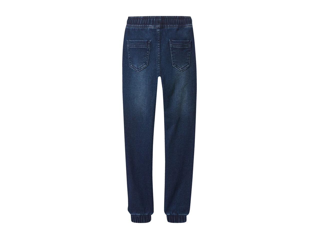 Dark blue denim joggers with an elasticated waistband and cuffed ankles, viewed from the back.