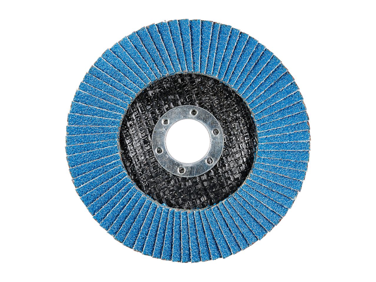 Blue flap disc for grinding and sanding, with a central metal hub.