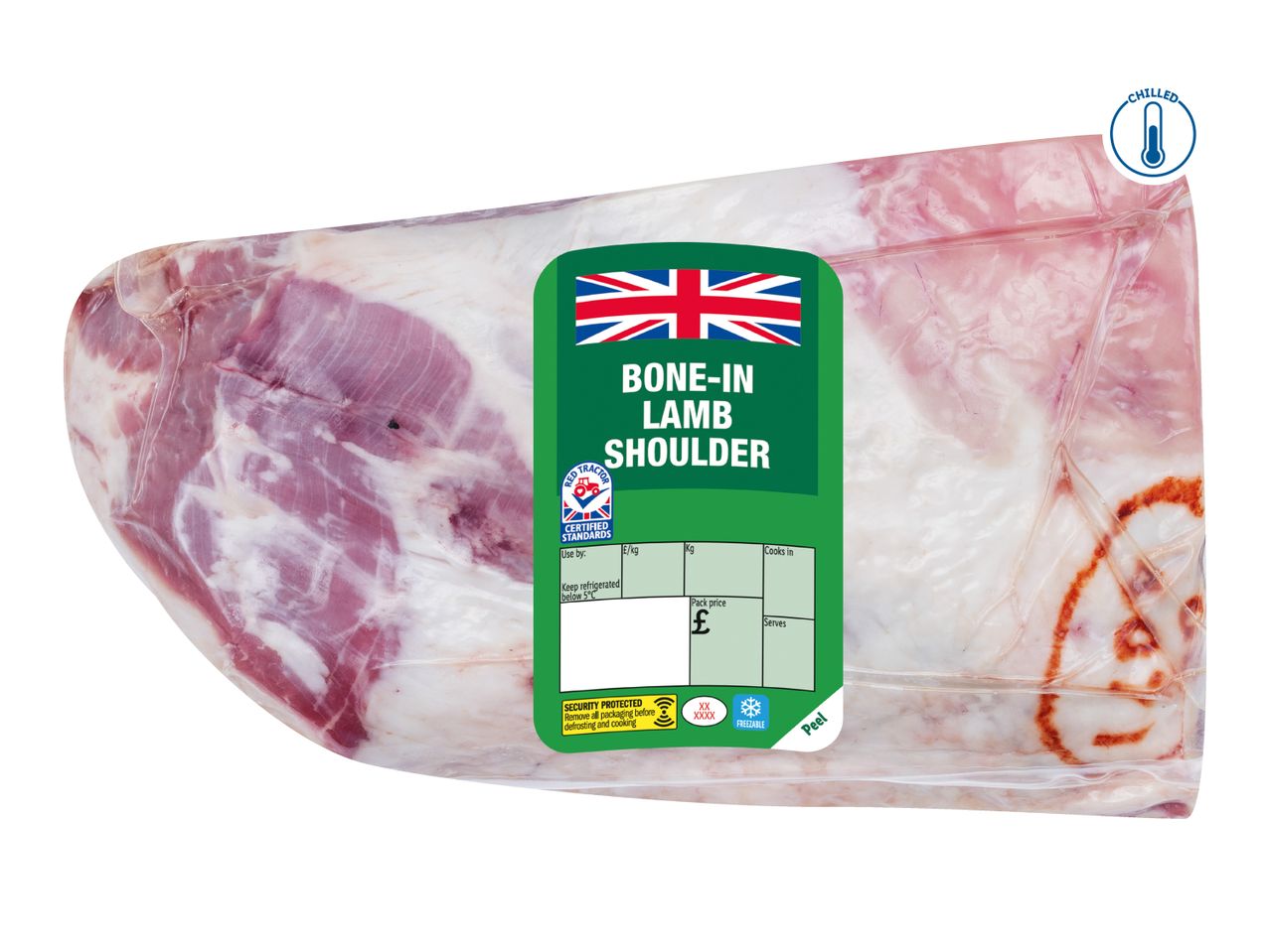 Packaged bone-in lamb shoulder with a Union Jack flag and 'CHILLED' label.