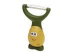 A cute potato-shaped peeler with a green handle.