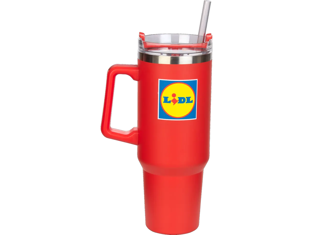 Vörös Lidl bögre szívószállal.