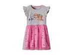 Graues und pinkes Paw Patrol Kleid mit Rüschenärmeln und Aufdruck von Skye, Everest und Tracker.