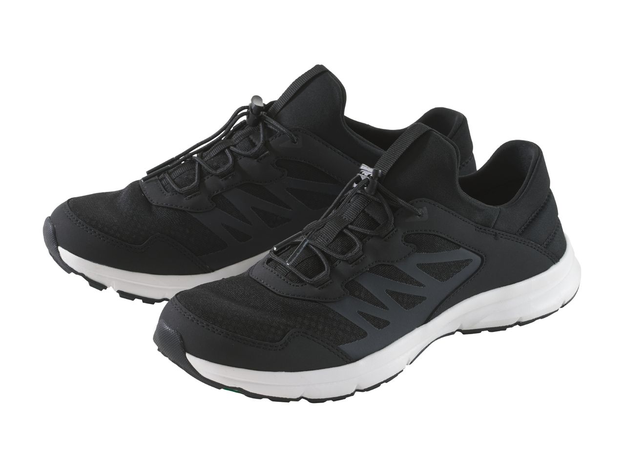 Pair of black athletic shoes with white soles and bungee laces