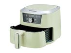 Light green air fryer with a digital display showing 180 degrees Celsius, and a pull-out basket.