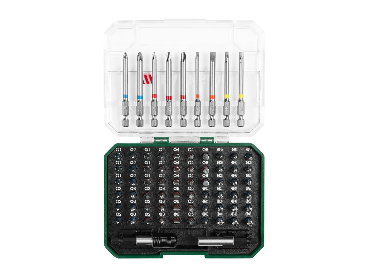 PARKSIDE screwdriver bit set with various bits and extensions in a green and clear case
