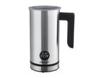 Stainless steel milk frother with a black handle and control buttons.