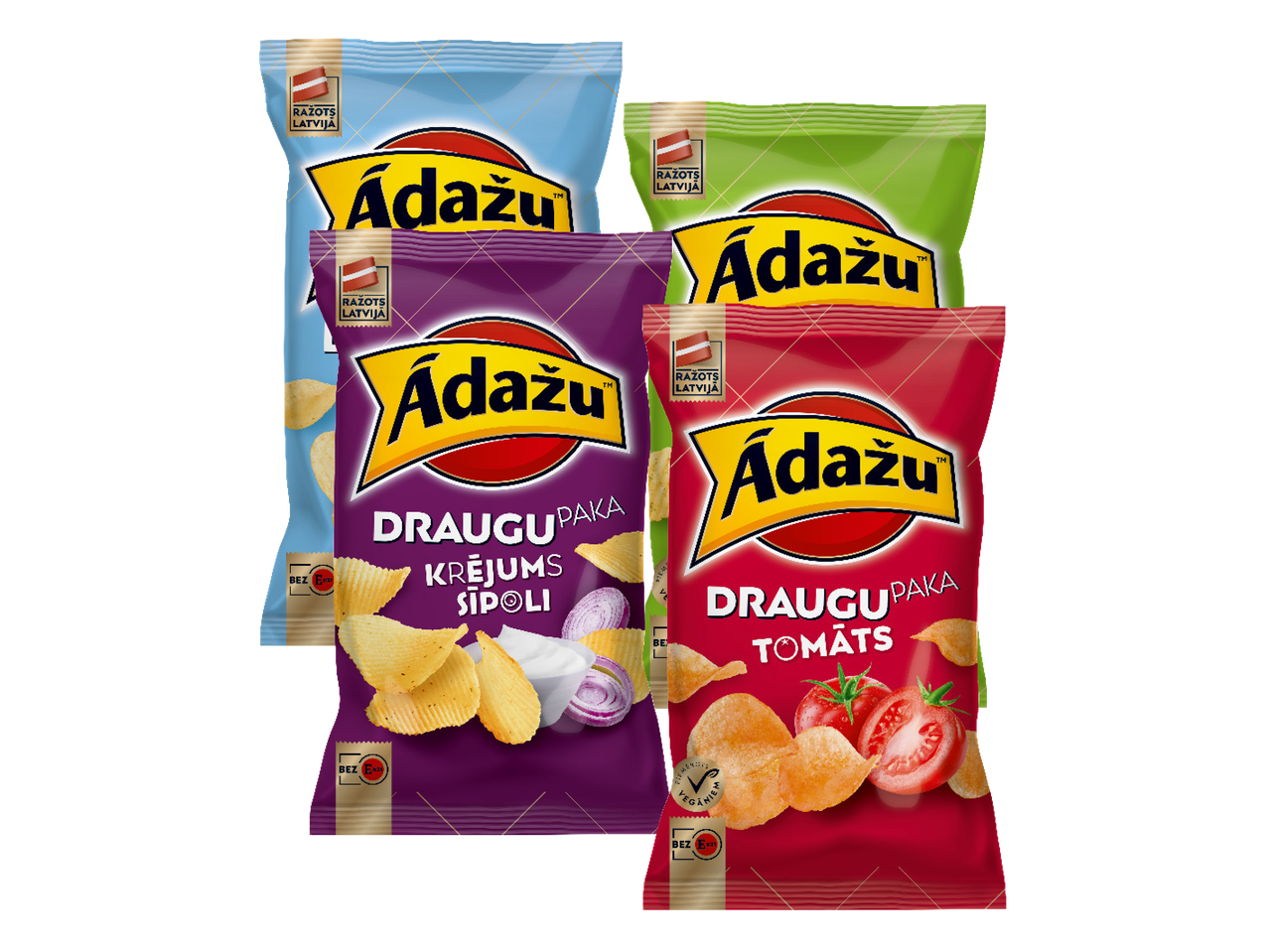 Četras Ādažu čipsu pakas: gaiši zila, violeta (krējums un sīpoli), zaļa un sarkana (tomāti).