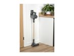 Cordless stick vacuum cleaner mounted on a white wall next to a wooden door and a plant.