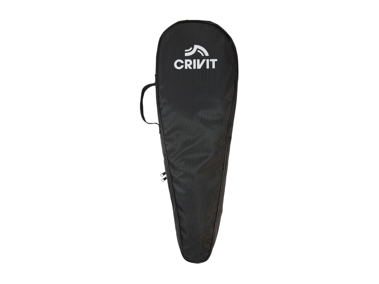 Black racket cover with a white logo and a handle