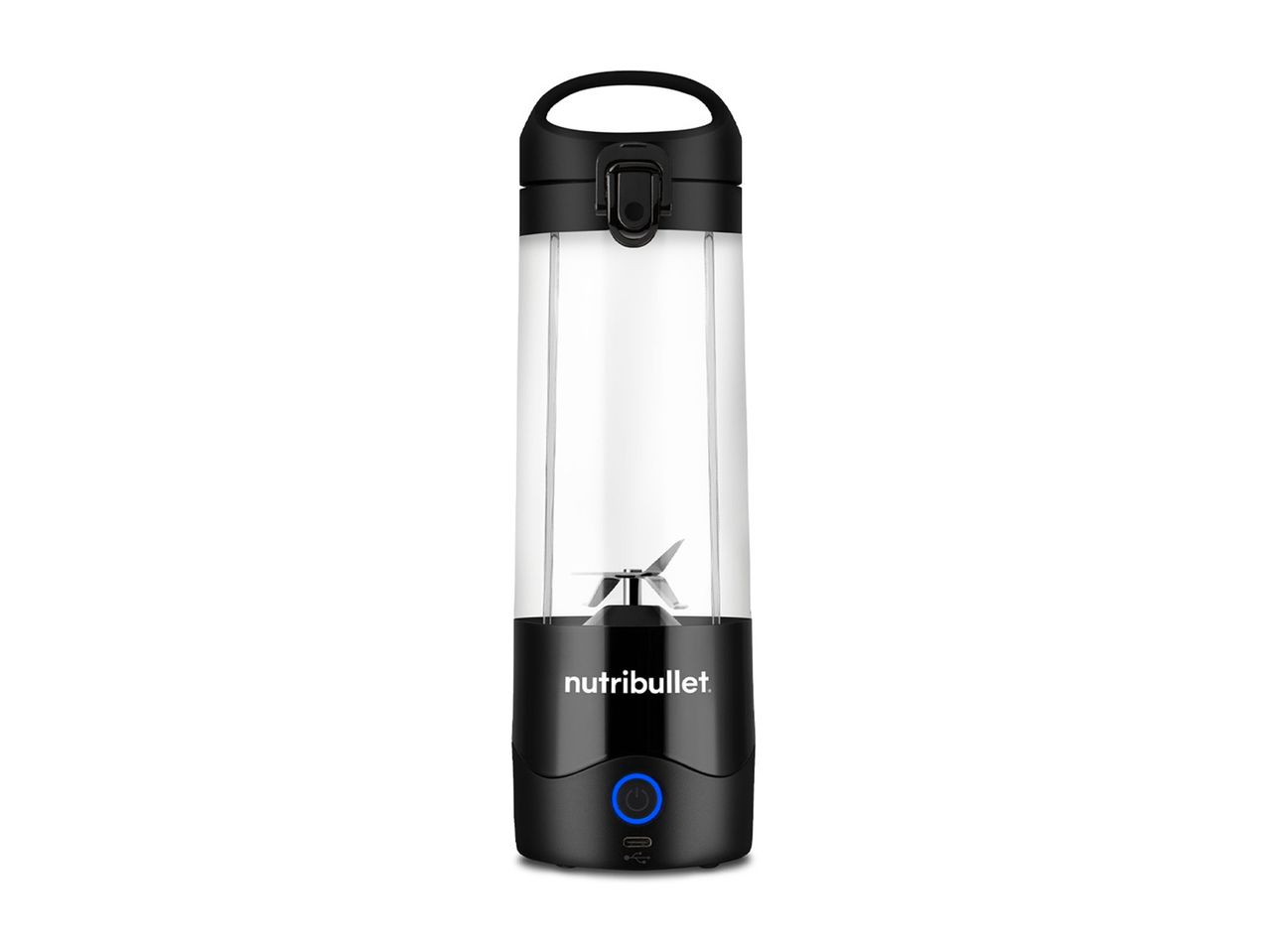 A black portable personal blender with a clear bottle.