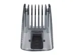 A gray hair clipper guard with a black adjustment button.