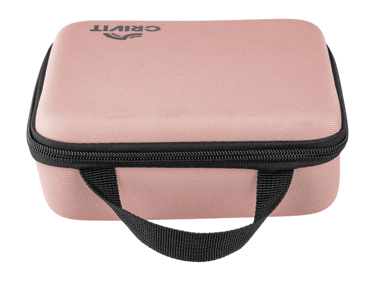 Pink rectangular hard case with a black zipper and handle, viewed from above.