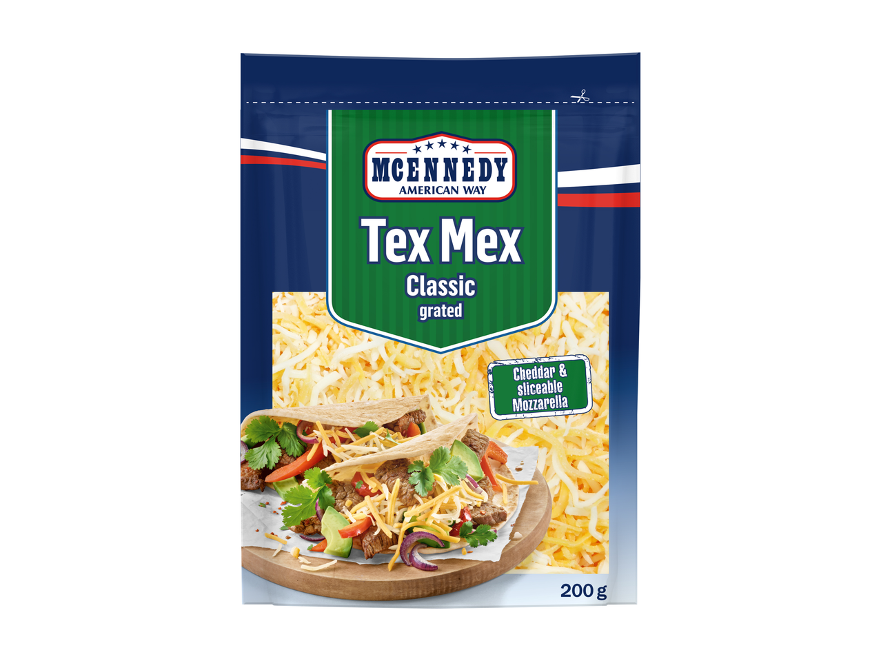 MCENNEDY Tex Mex Classic riivjuust, cheddari ja mozzarella segu, 200 g.