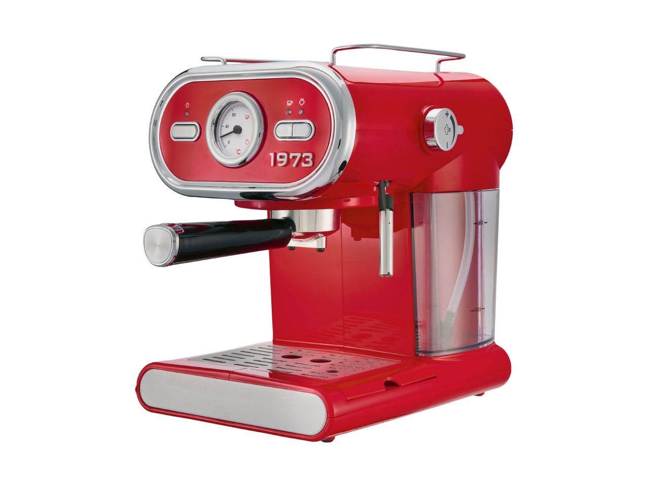 Red retro-style espresso machine with a temperature gauge and chrome accents.