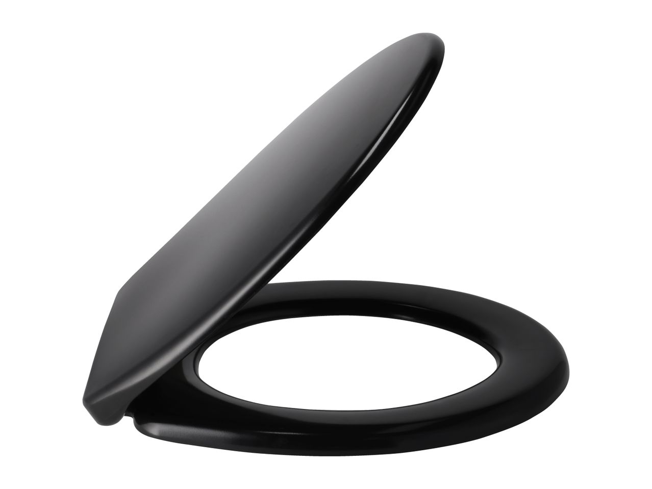 A black toilet seat and lid, partially open, against a white background.