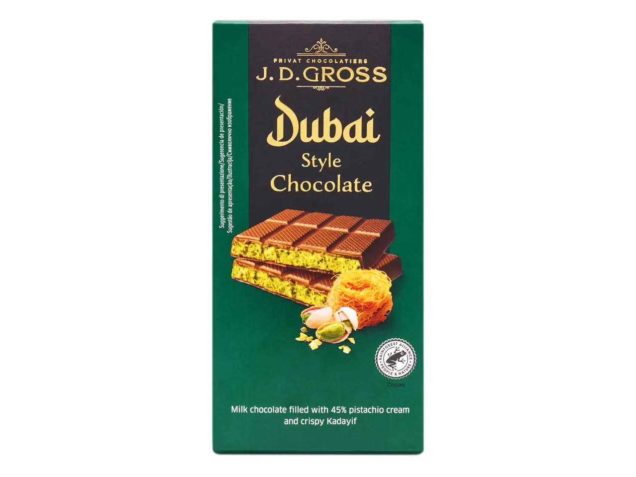 Cioccolato al latte J.D. Gross stile Dubai con crema al pistacchio e Kadayif croccante.