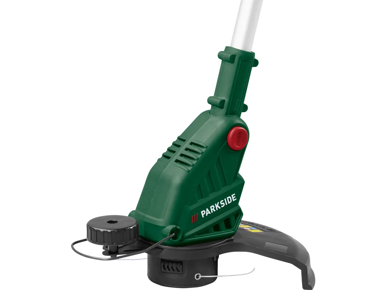 Close-up of a green and black electric grass trimmer with a red push button.