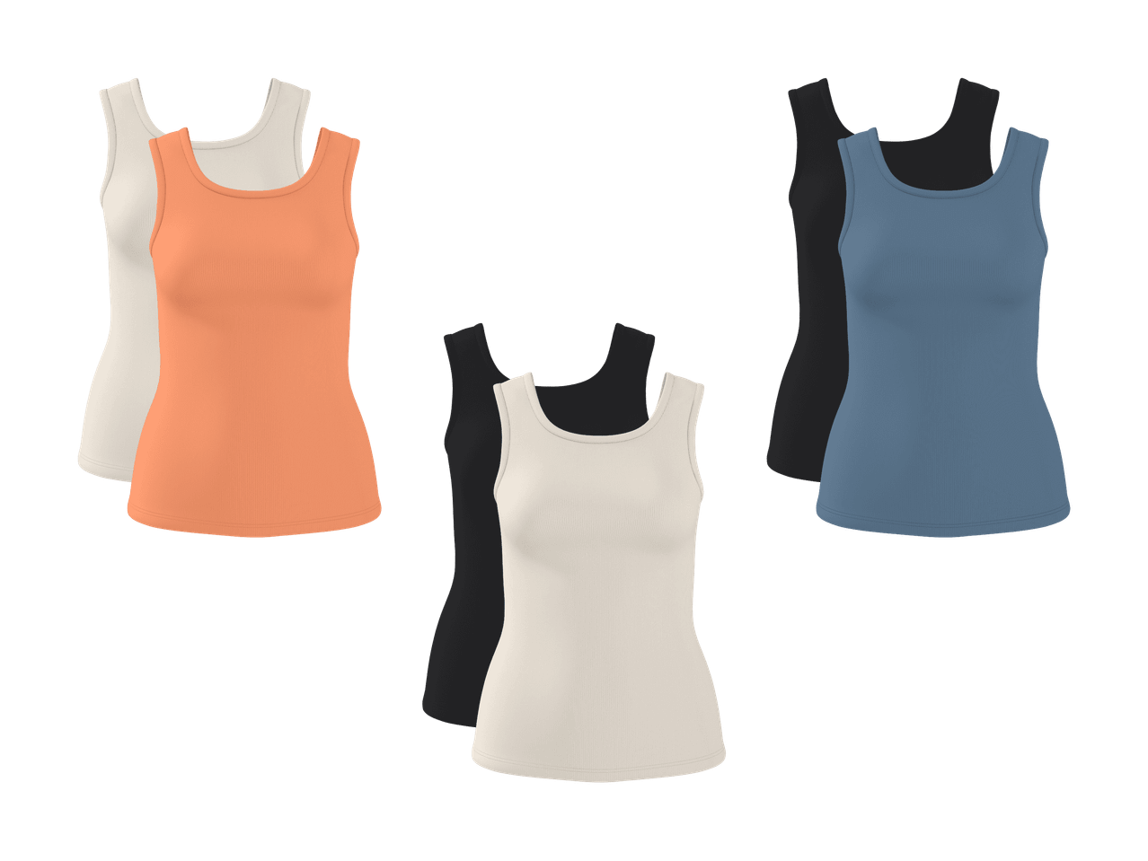 Trois paires de débardeurs côtelés pour femmes en différentes couleurs : orange, beige, noir et bleu.
