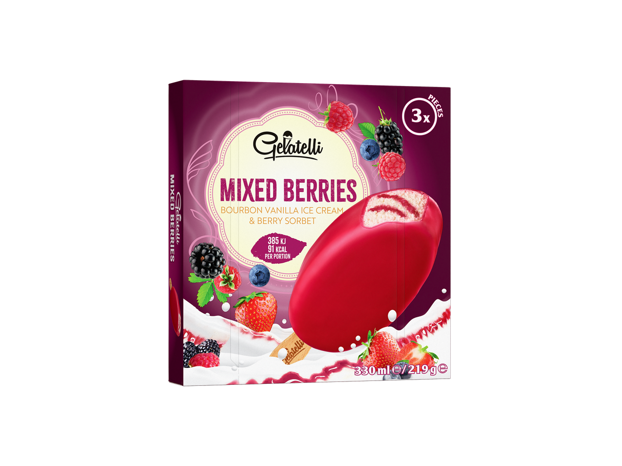 Gelatelli Mixed Berries ijsjesdoos met Bourbon Vanille-ijs en Bessen Sorbet.