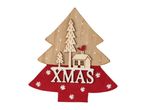 Wooden Christmas tree decoration with 'XMAS' text, a house, and trees.