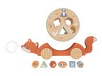 Wooden fox pull-along toy with a shape sorter and animal-themed blocks.