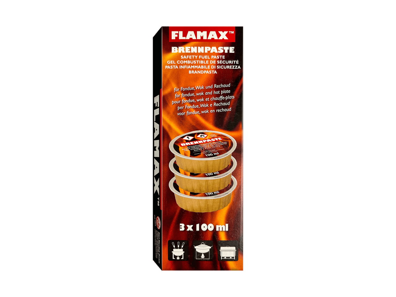 FLAMAX Brennpaste 3 x 100 ml für Fondue, Wok und Rechaud
