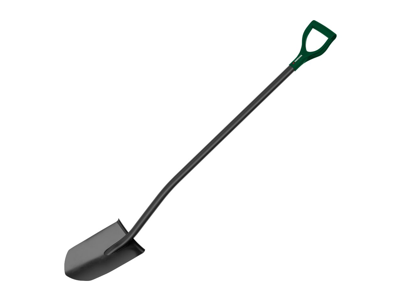A black and green shovel with a D-handle, angled on a white background.