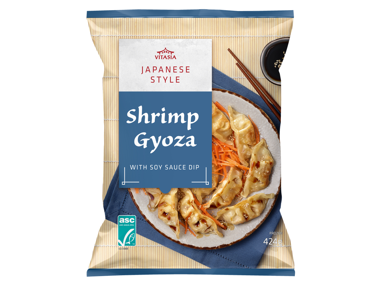 Frozen Japanese-style shrimp gyoza with soy sauce dip, 424g.