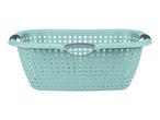 Light blue laundry basket with perforated sides and dark grey handles.