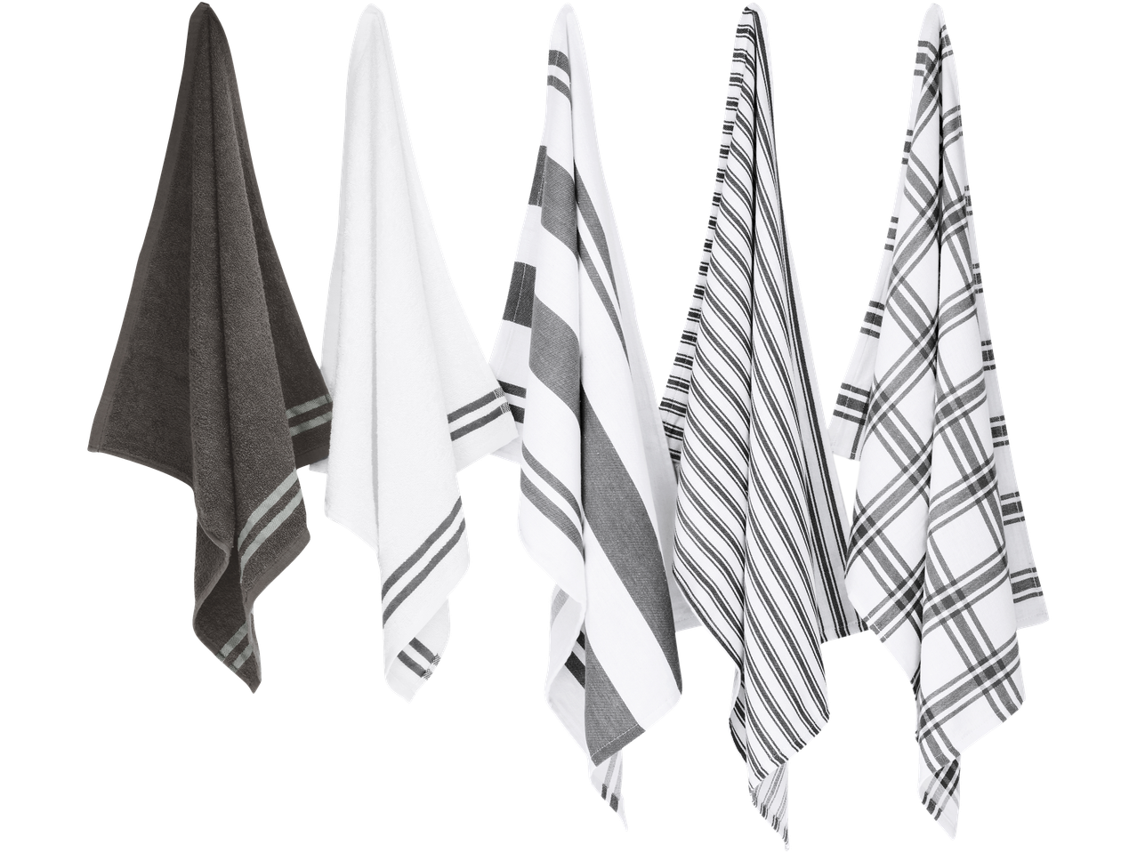 Πέντε πετσέτες κουζίνας σε γκρι και λευκό, με διάφορα σχέδια, κρεμασμένες σε μαύρο φόντο.