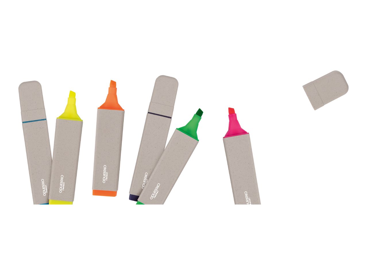 A set of six highlighters in various colors, including yellow, orange, blue, green, and pink.