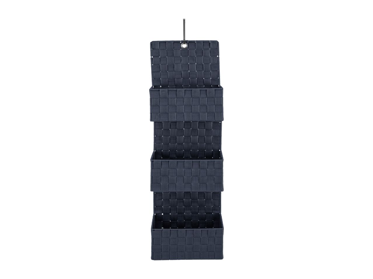 A dark grey fabric hanging organizer with three pockets.
