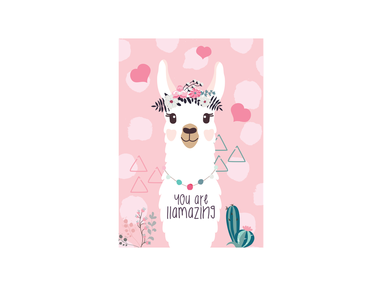 Ilustracija lame sa cvetnim vencem i natpisom 'You are llamazing' na ružičastoj pozadini.