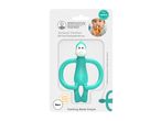 Animal teether in turquoise silicone, with a baby chewing on an orange teether in the corner.