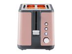 A pink and gray toaster with two slots, glowing heating elements, and control buttons.