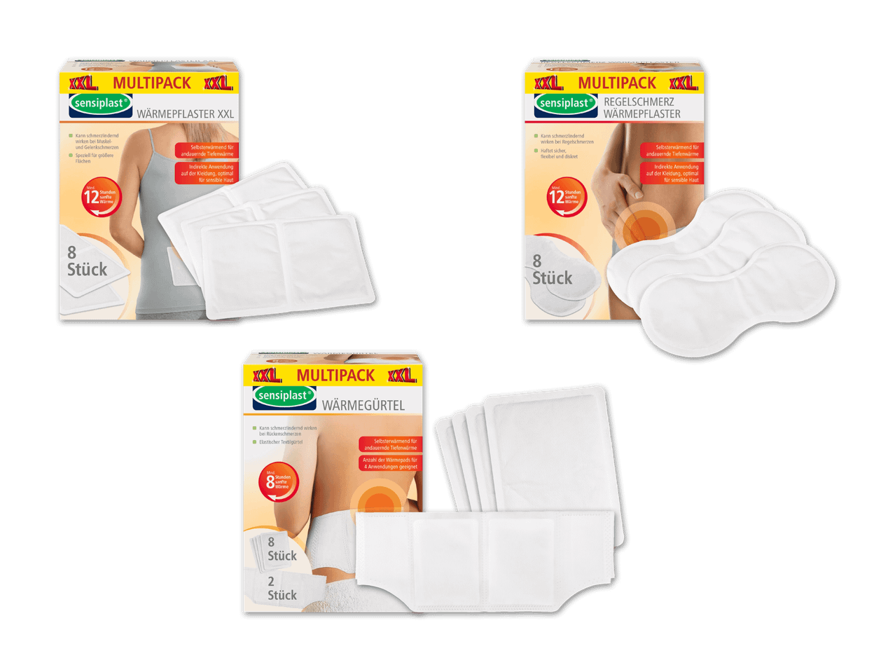 Drei Packungen Sensiplast Wärmepflaster und Wärmegürtel.