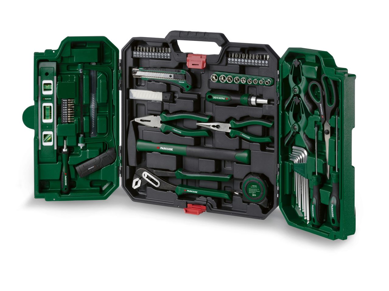 A green plastic toolbox filled with various hand tools.