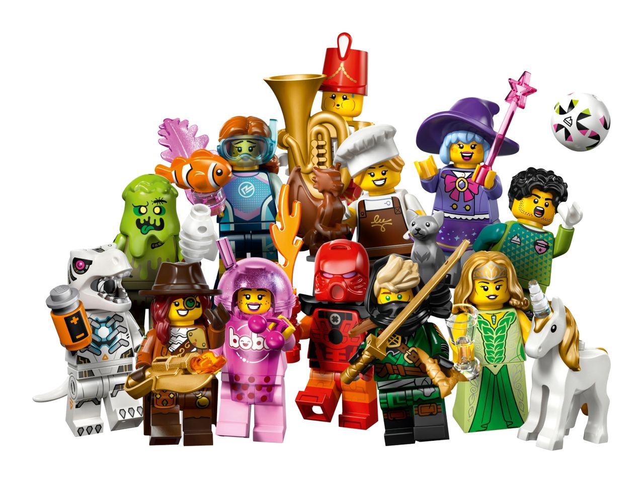 A group of diverse toy minifigures, including a diver, chef, wizard, and dinosaur.