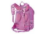 Mochila escolar rosa com estampa camuflada.