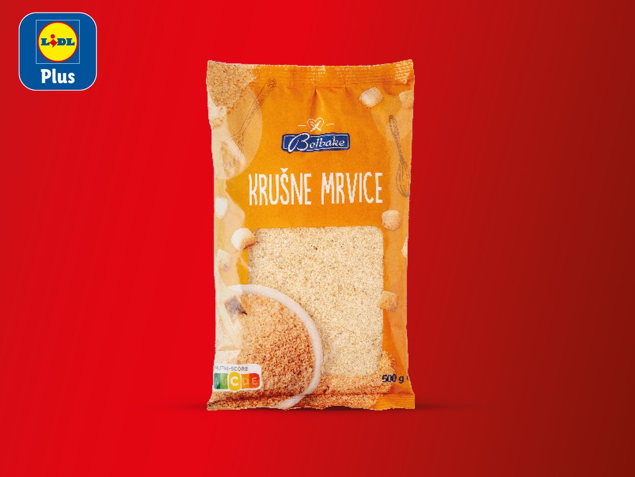 Pakiranje Belbake krušnih mrvica na crvenoj pozadini s logotipom Lidl Plus.