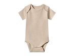 Plain beige short-sleeved baby bodysuit with snap closures.