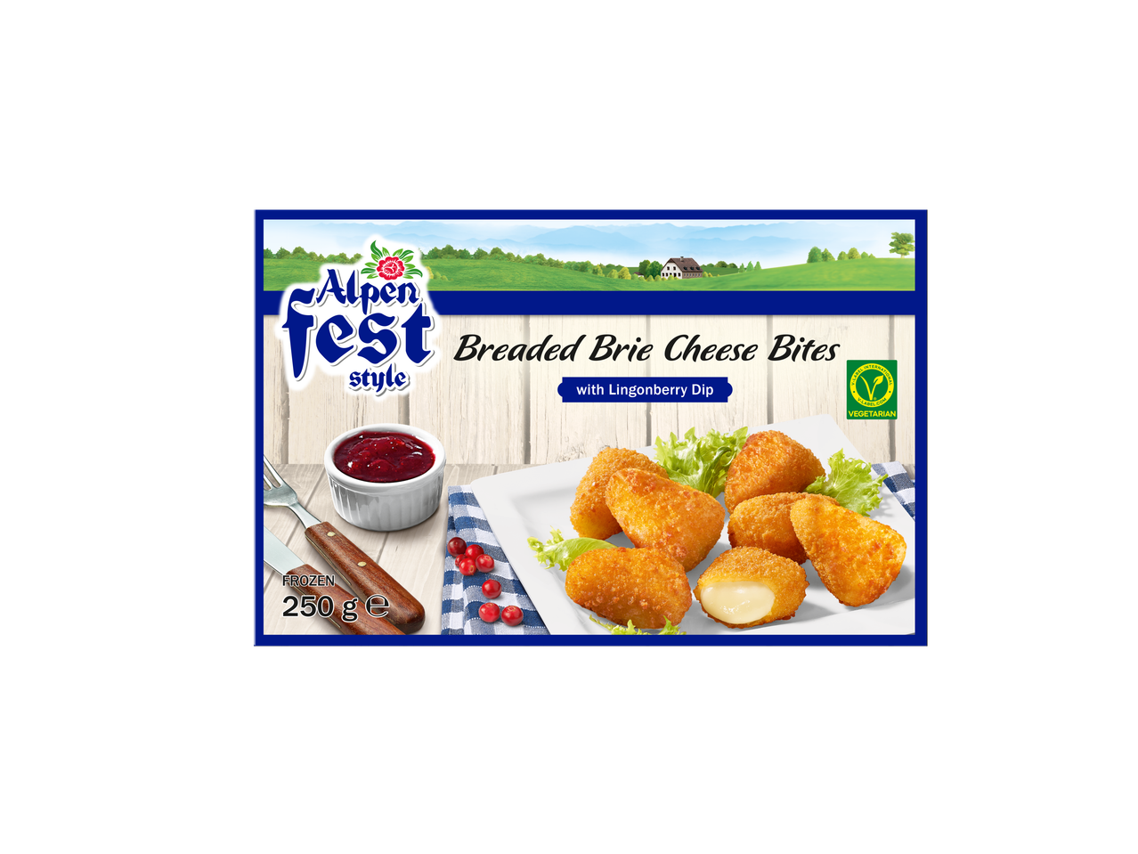 Alpenfest Kaassnacks: Gepaneerde briehapjes met veenbessendip, 250g, vegetarisch