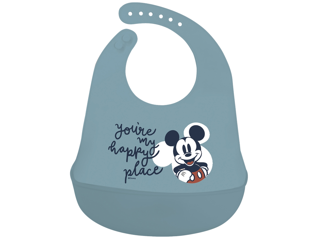 Șorț din silicon pentru bebeluși Mickey Mouse, de culoare bleumarin.