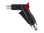 Black and red garden spray gun with a silver nozzle and hose connector.