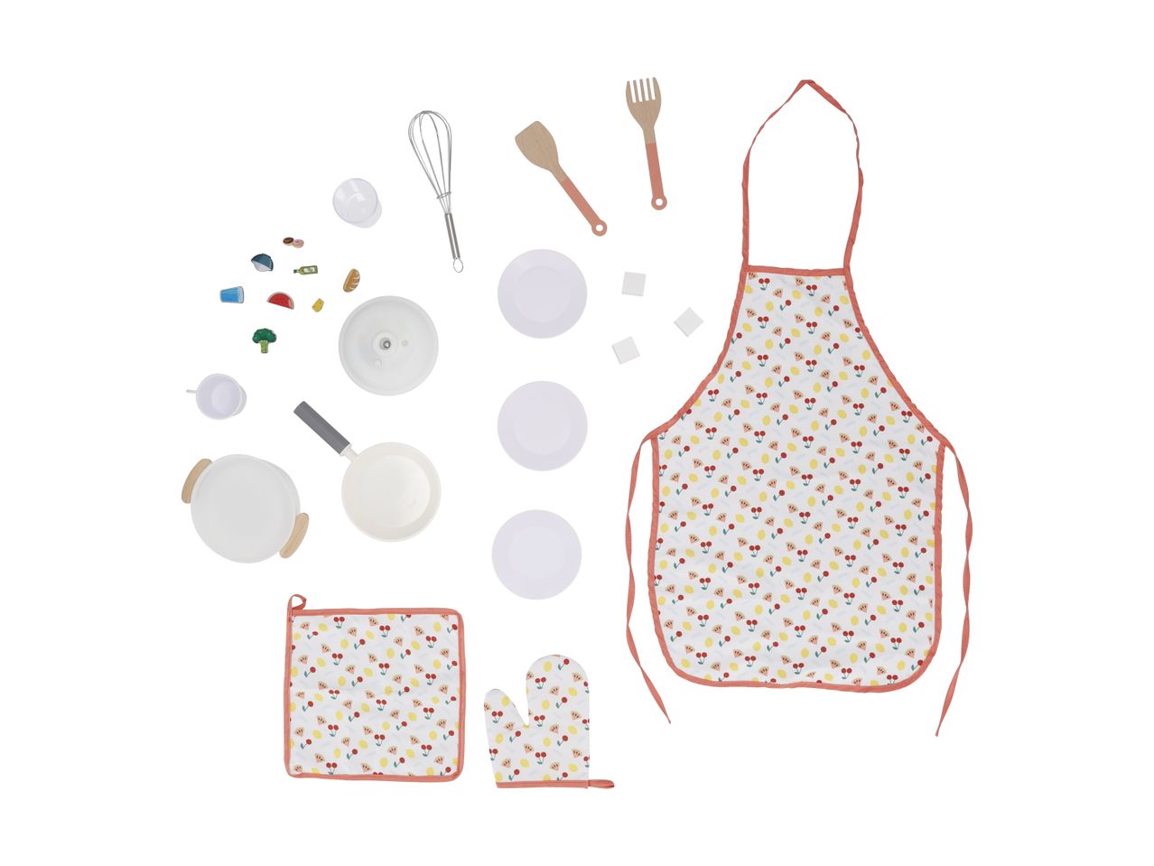 A children's play kitchen set with an apron, oven mitt, pot holder, plates, pots, and toy food.