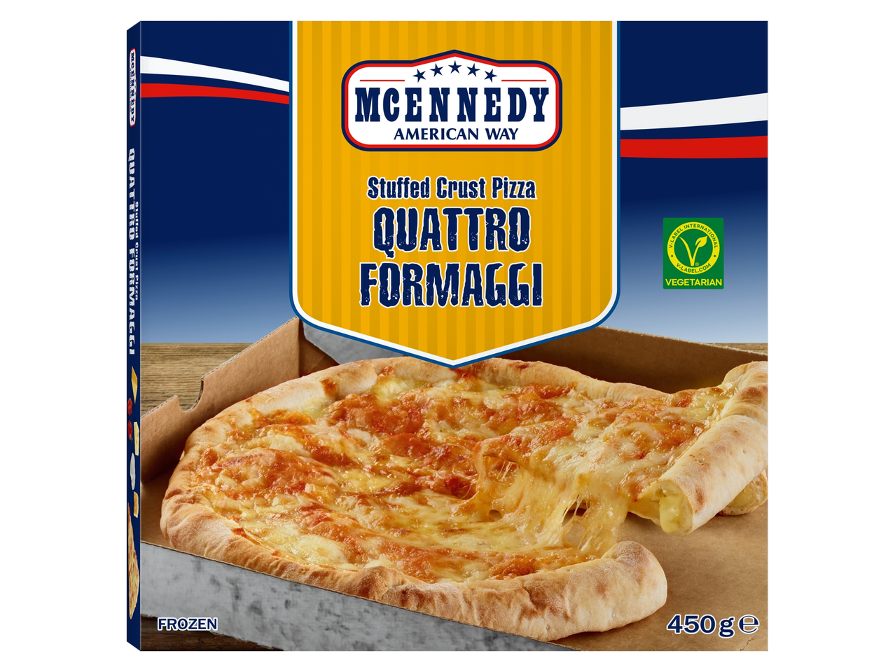 McKennedy Quattro Formaggi šaldyta pica su įdarytu kraštu.